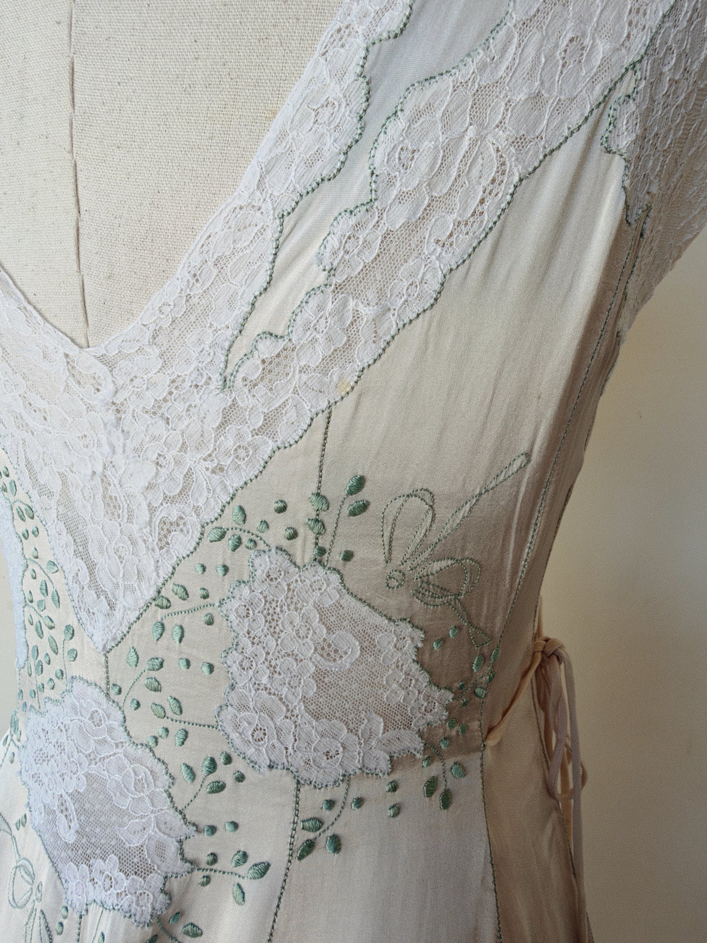 1940s Dove Grey Satin Slip Dress w/ Lace Inserts + Mint Leaf Embroidery- XS-S