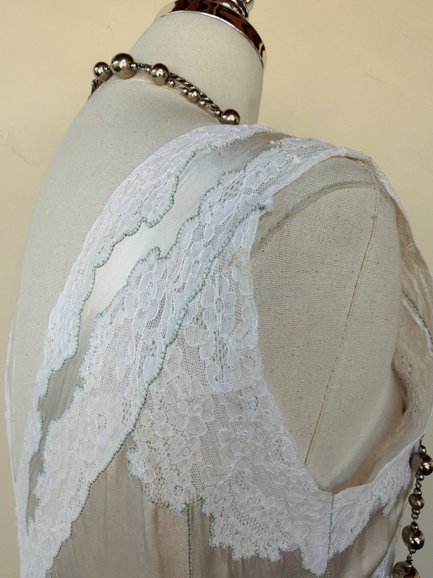 1940s Dove Grey Satin Slip Dress w/ Lace Inserts + Mint Leaf Embroidery- XS-S