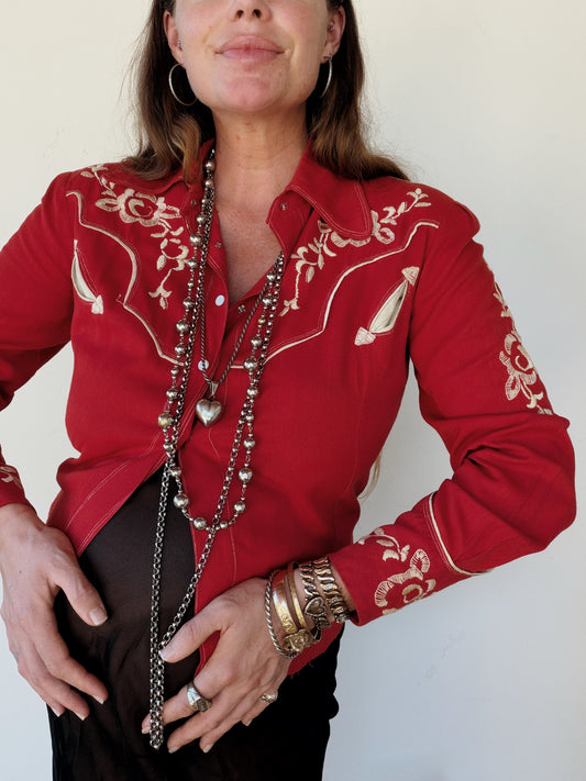 1940s Muted Red Rayon Gabardine Western Top- M- M/L