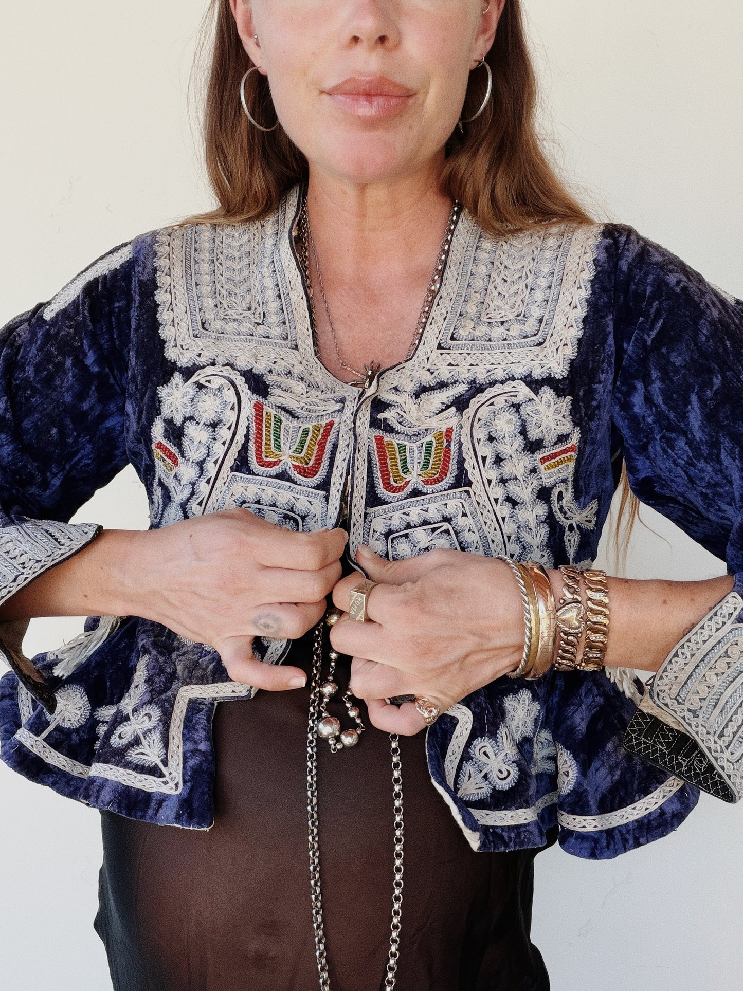 Antique Cobalt Blue Velvet Beaded Folk Jacket w/ Peplum- S/M-M