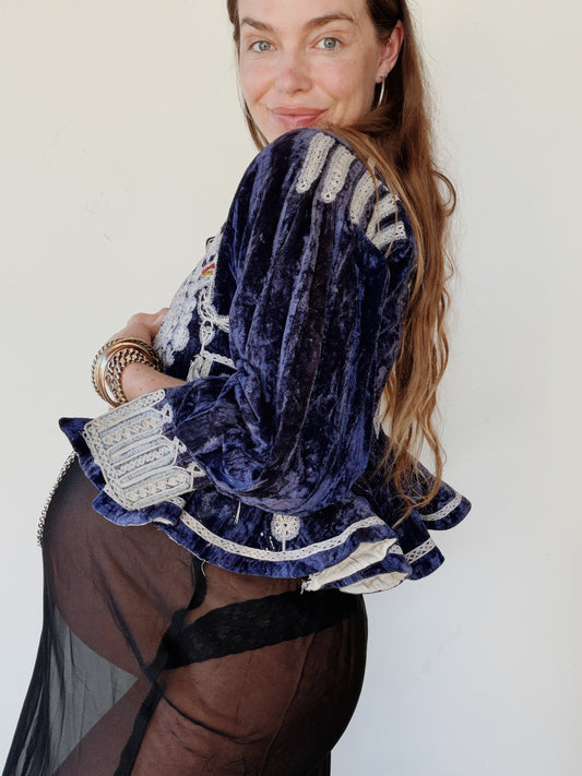 Antique Cobalt Blue Velvet Beaded Folk Jacket w/ Peplum- S/M-M