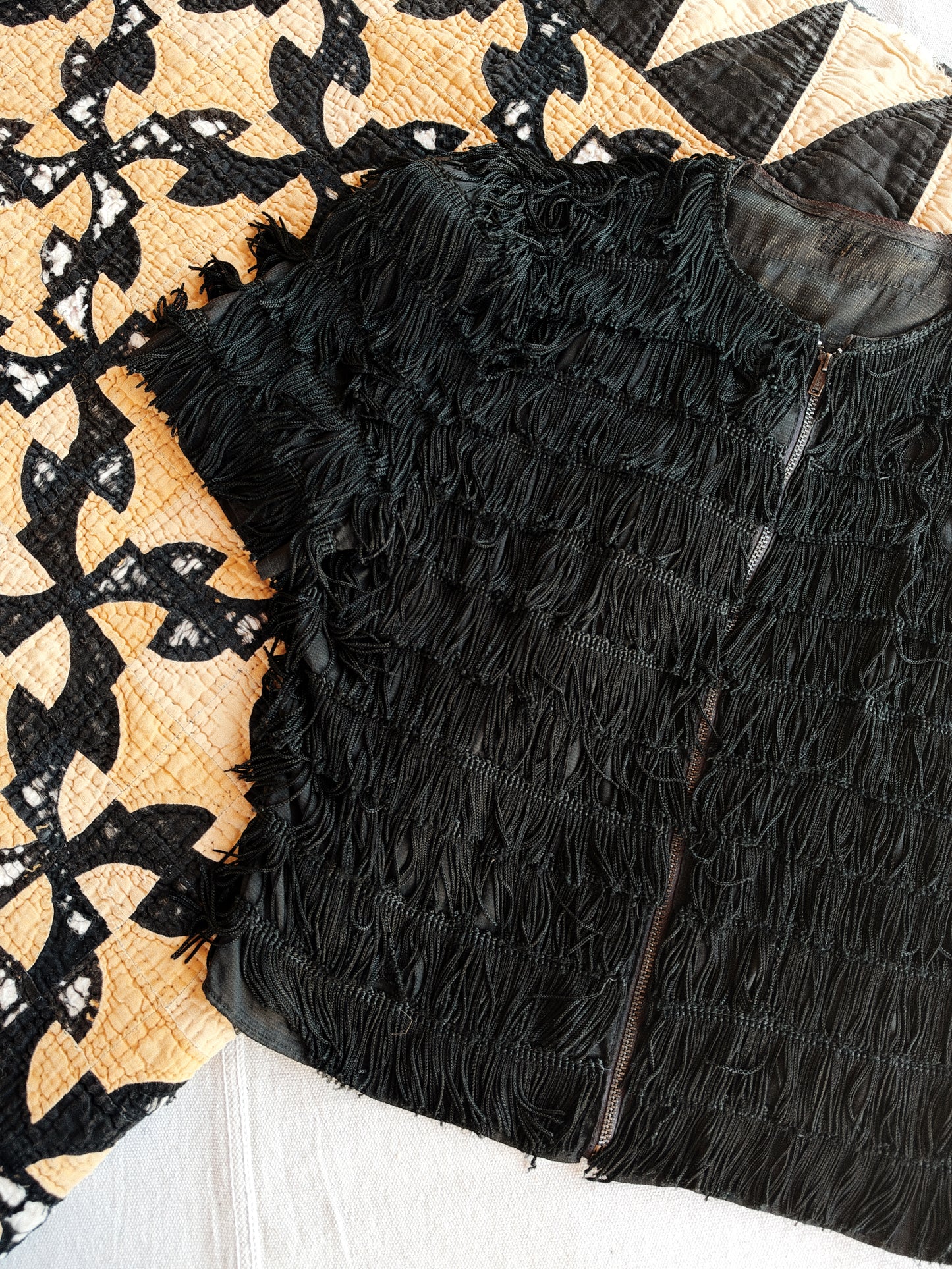 1930s Rare Black Tiered Fringe Cropped Zipper Front Top- S-S/M