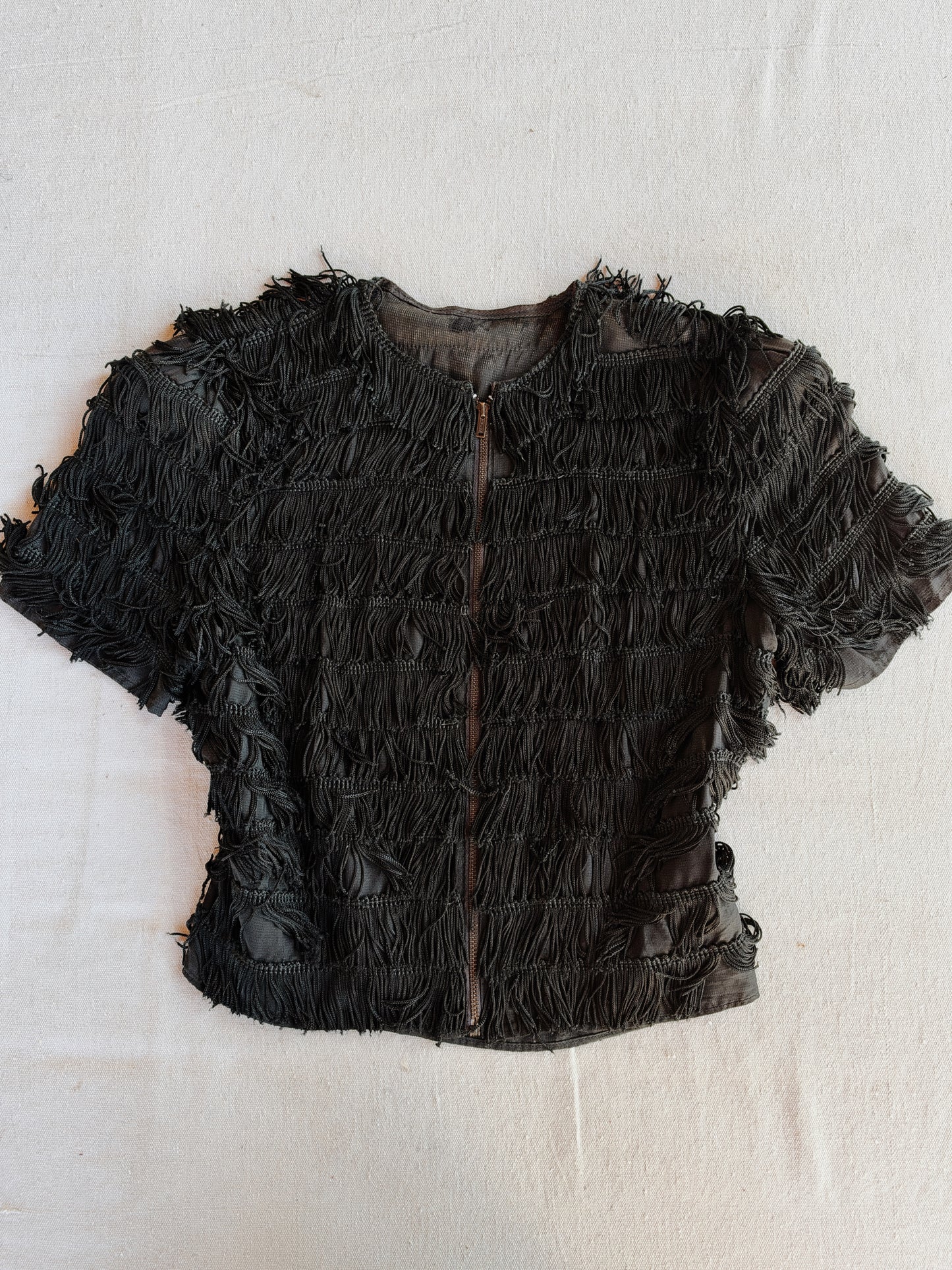 1930s Rare Black Tiered Fringe Cropped Zipper Front Top- S-S/M
