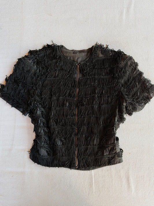 1930s Rare Black Tiered Fringe Cropped Zipper Front Top- S-S/M