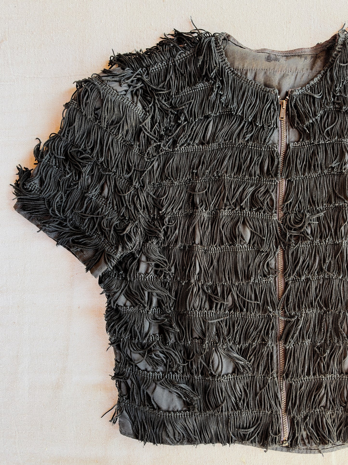 1930s Rare Black Tiered Fringe Cropped Zipper Front Top- S-S/M