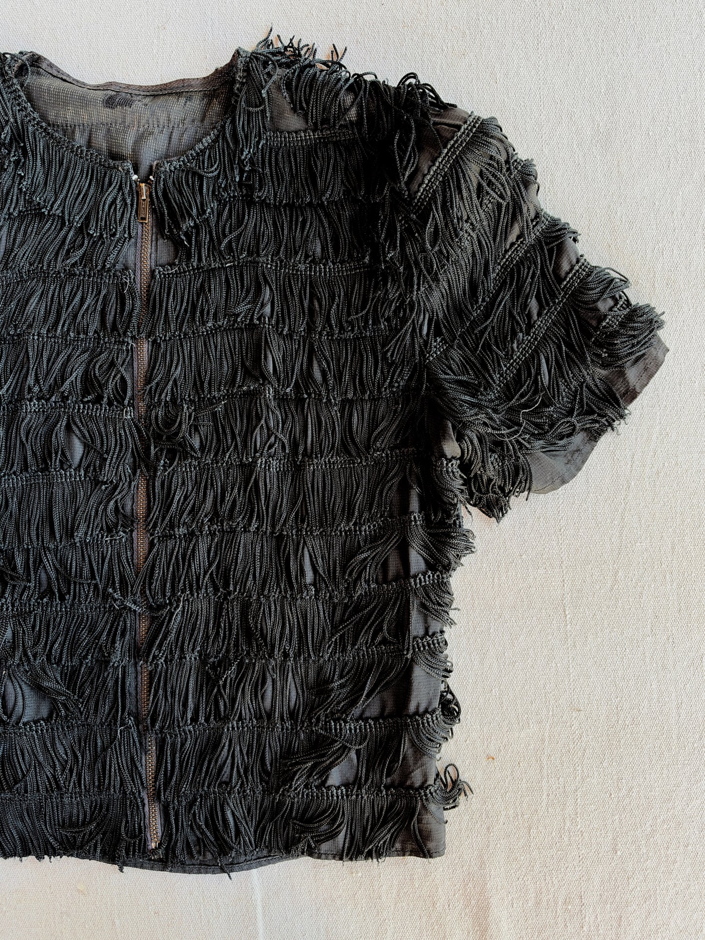 1930s Rare Black Tiered Fringe Cropped Zipper Front Top- S-S/M