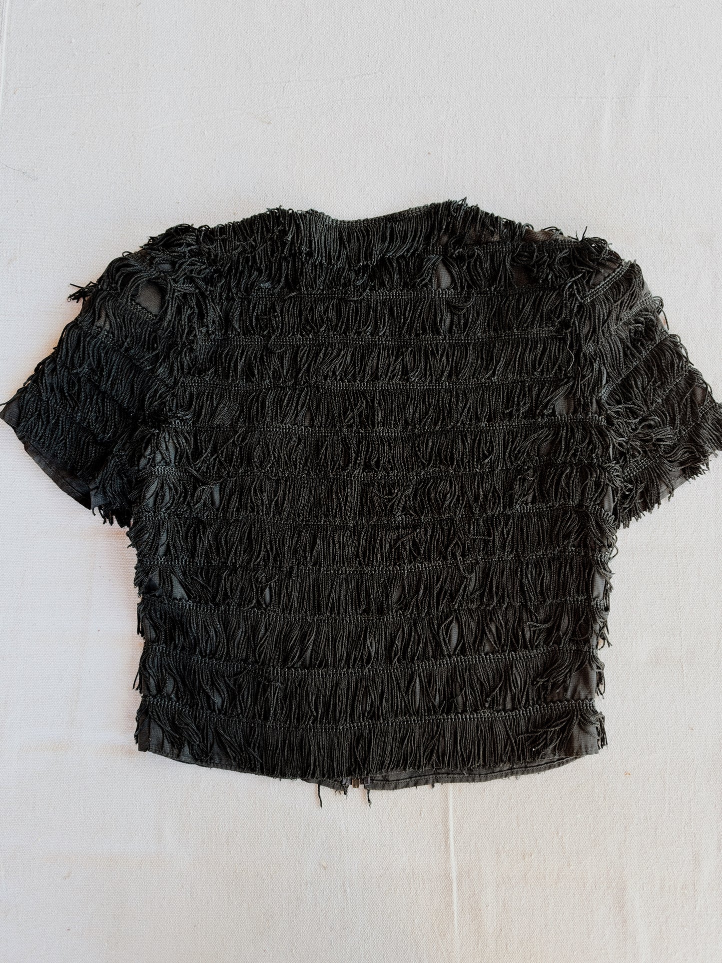 1930s Rare Black Tiered Fringe Cropped Zipper Front Top- S-S/M