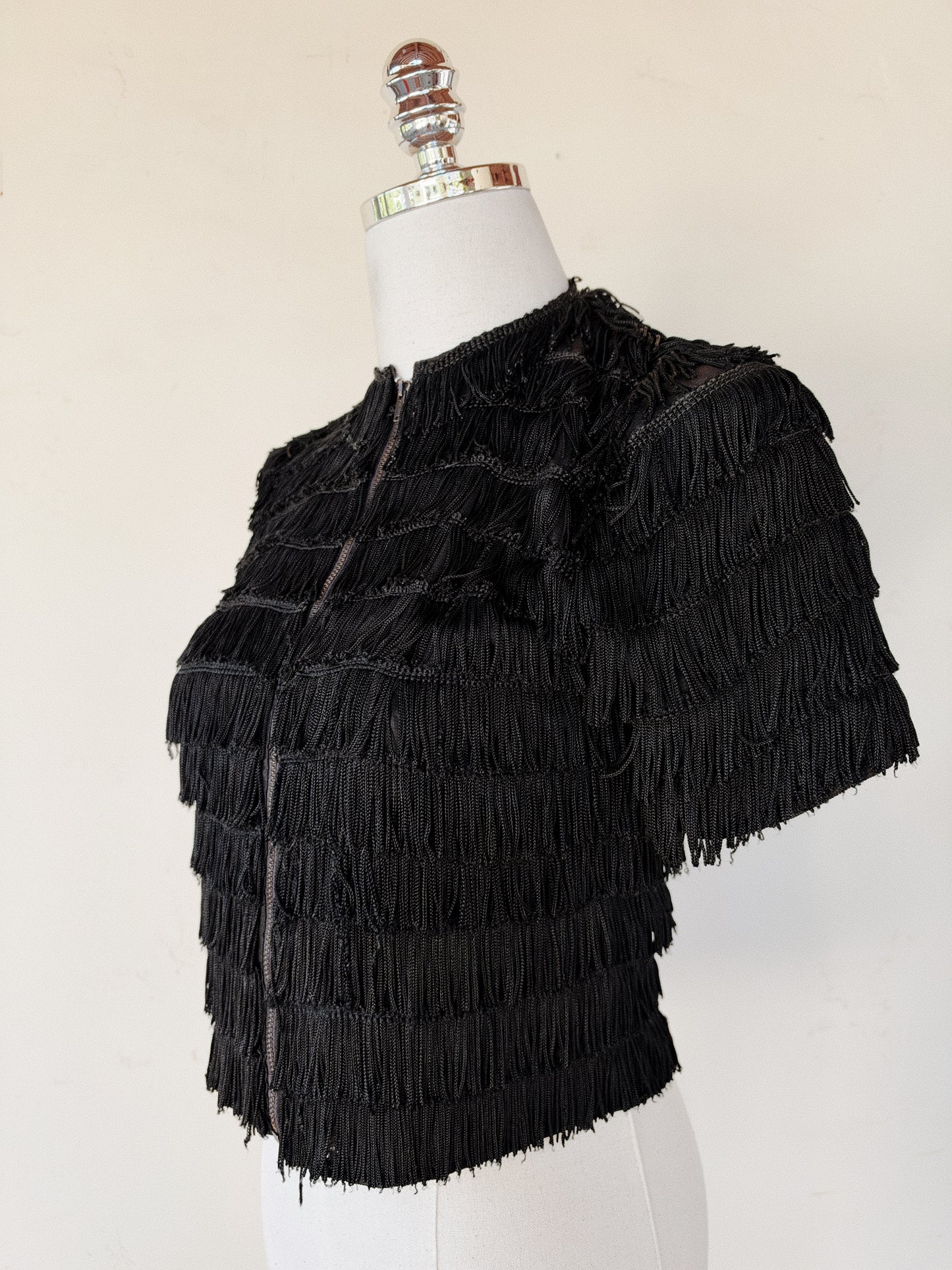 1930s Rare Black Tiered Fringe Cropped Zipper Front Top- S-S/M