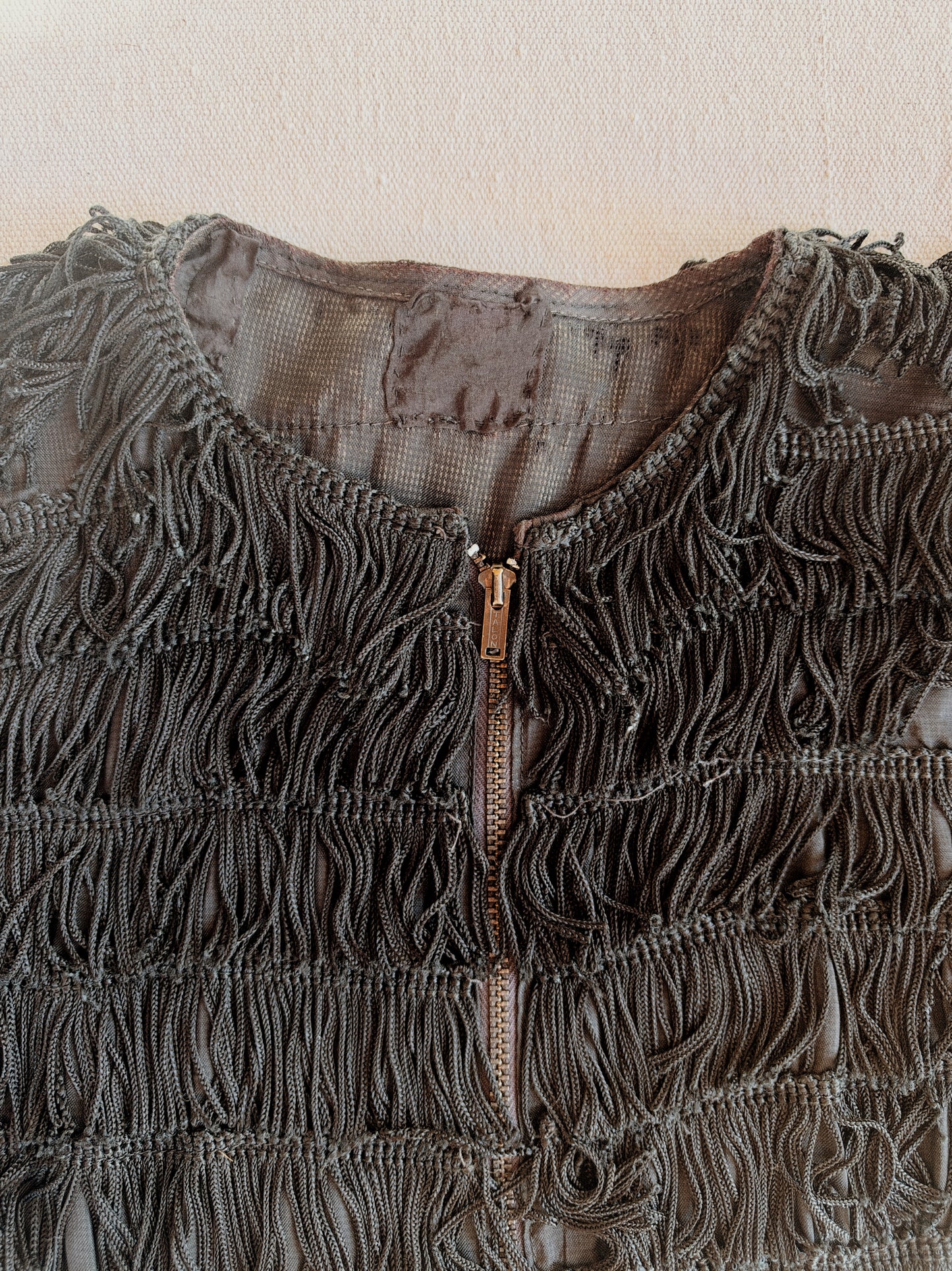 1930s Rare Black Tiered Fringe Cropped Zipper Front Top- S-S/M
