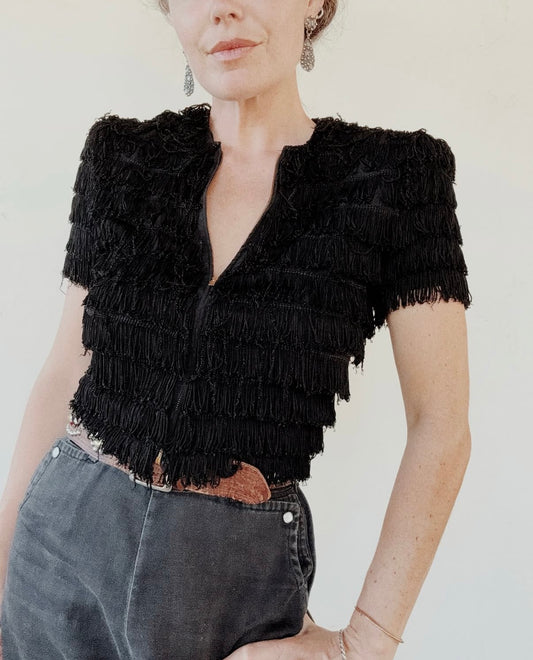 1930s Rare Black Tiered Fringe Cropped Zipper Front Top- S-S/M