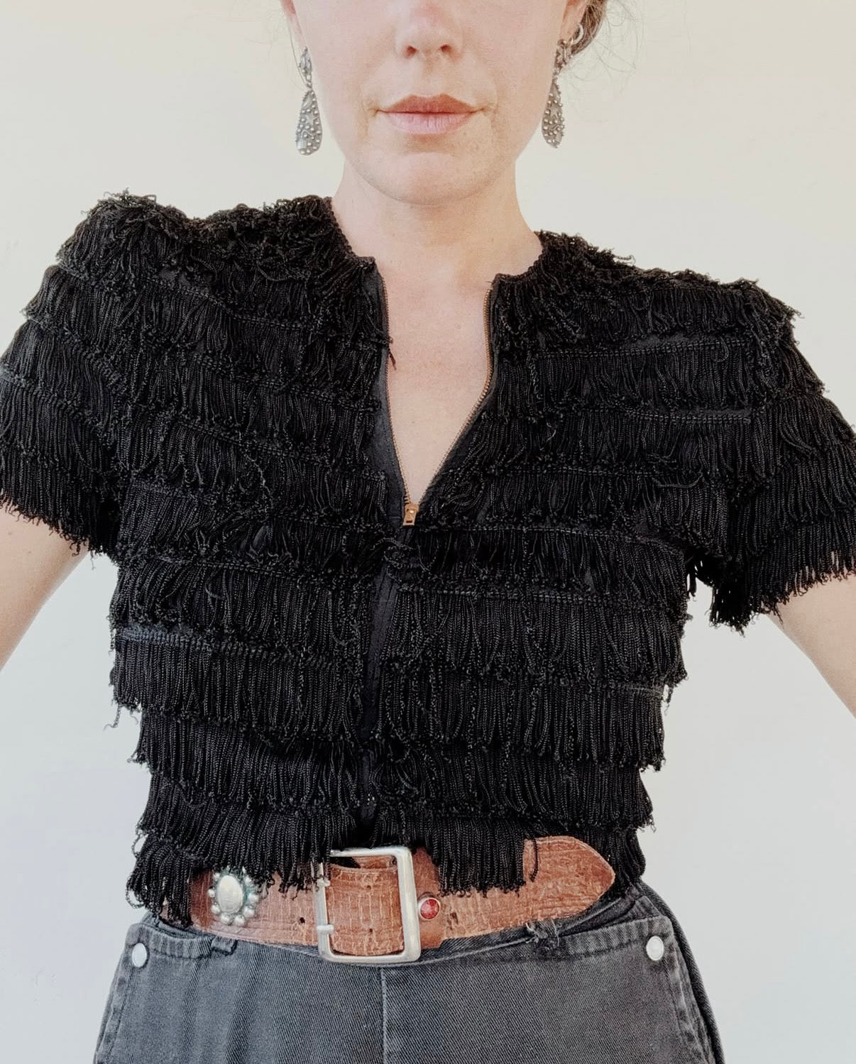 1930s Rare Black Tiered Fringe Cropped Zipper Front Top- S-S/M