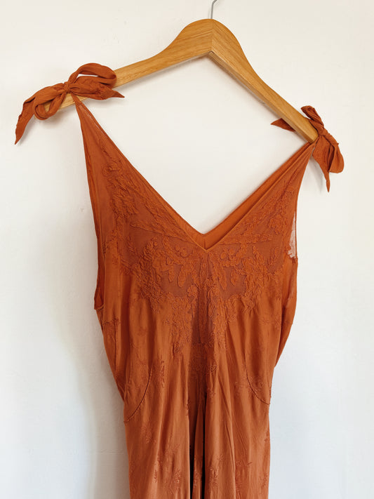 1930s Cardamom Spice Silk Jacquard Slip Dress w/ Bow Straps- S/M