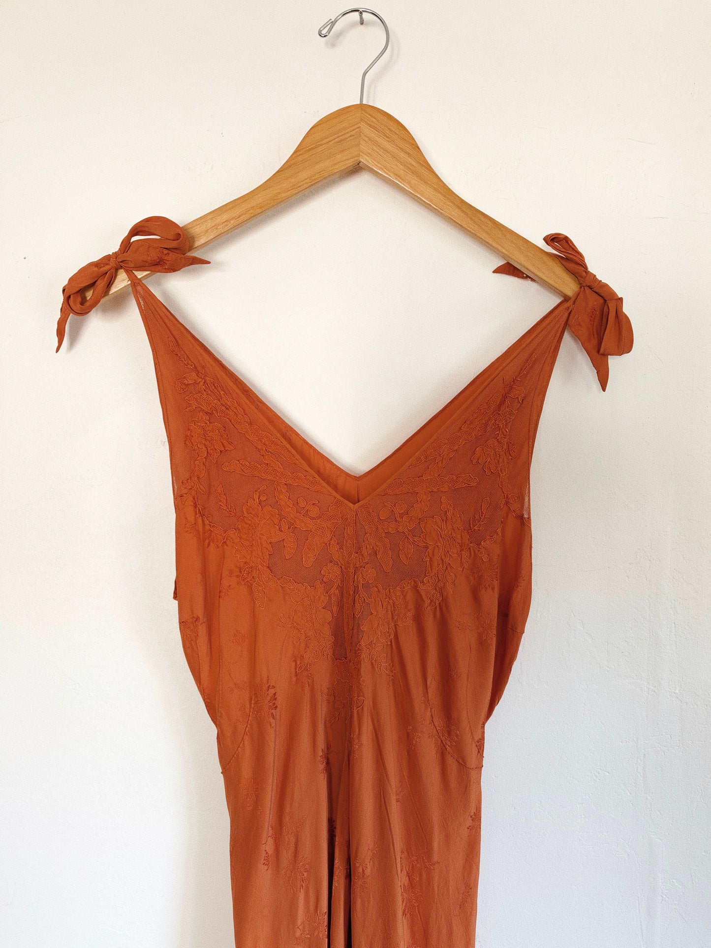 1930s Cardamom Spice Silk Jacquard Slip Dress w/ Bow Straps- S/M