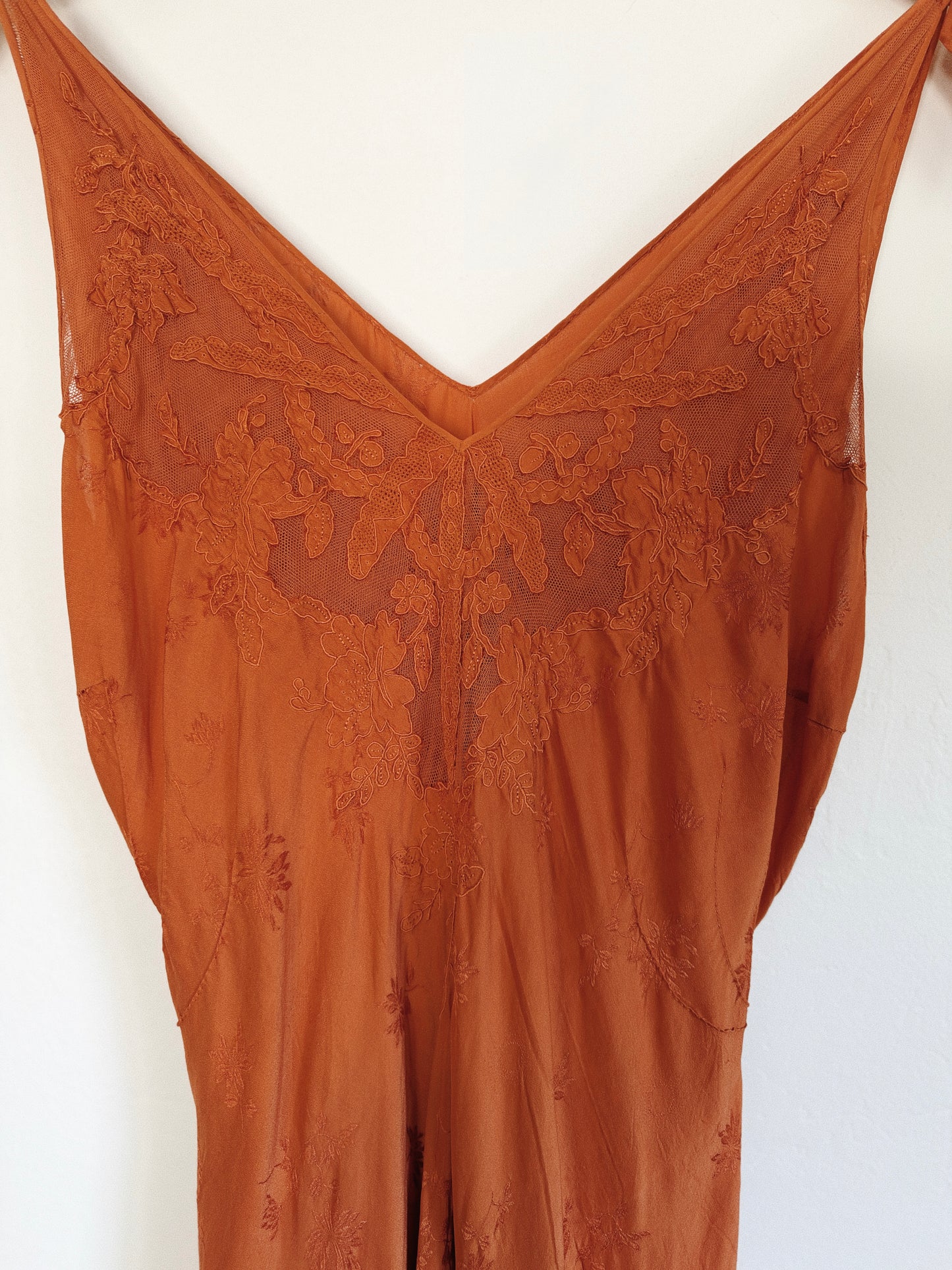 1930s Cardamom Spice Silk Jacquard Slip Dress w/ Bow Straps- S/M