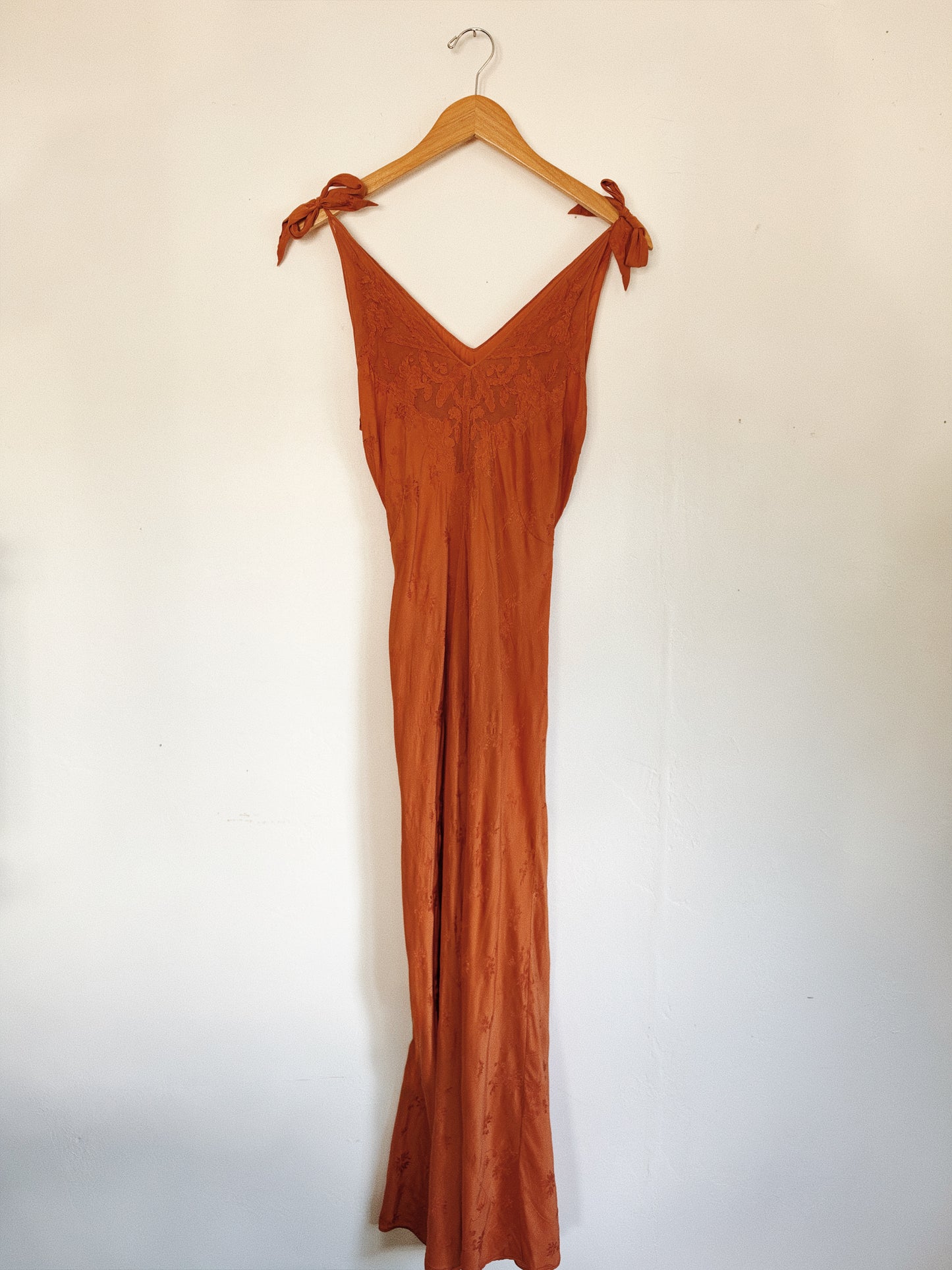 1930s Cardamom Spice Silk Jacquard Slip Dress w/ Bow Straps- S/M