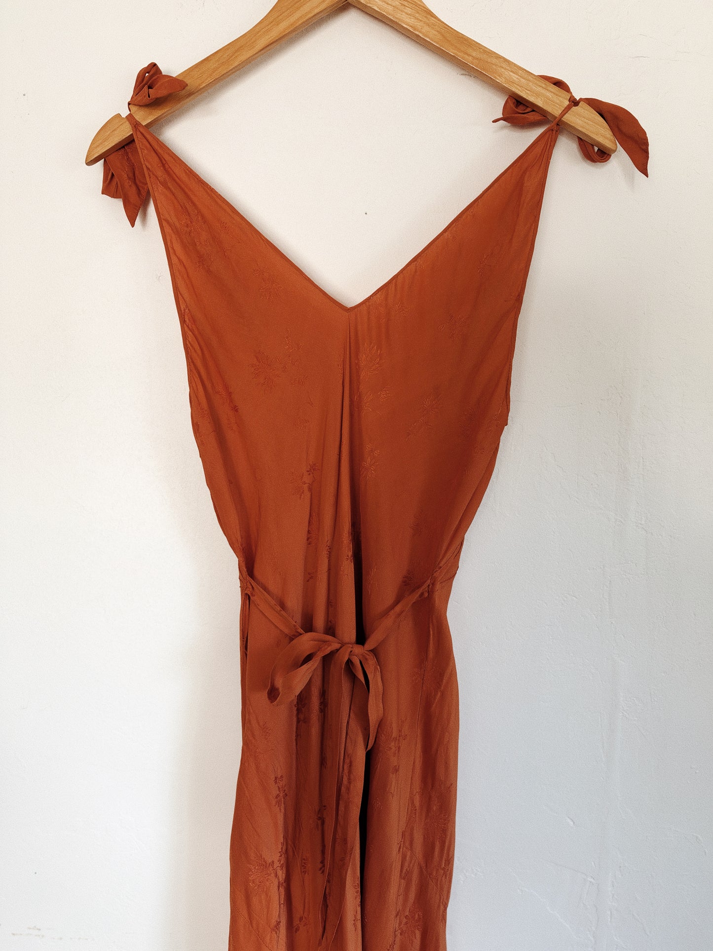 1930s Cardamom Spice Silk Jacquard Slip Dress w/ Bow Straps- S/M