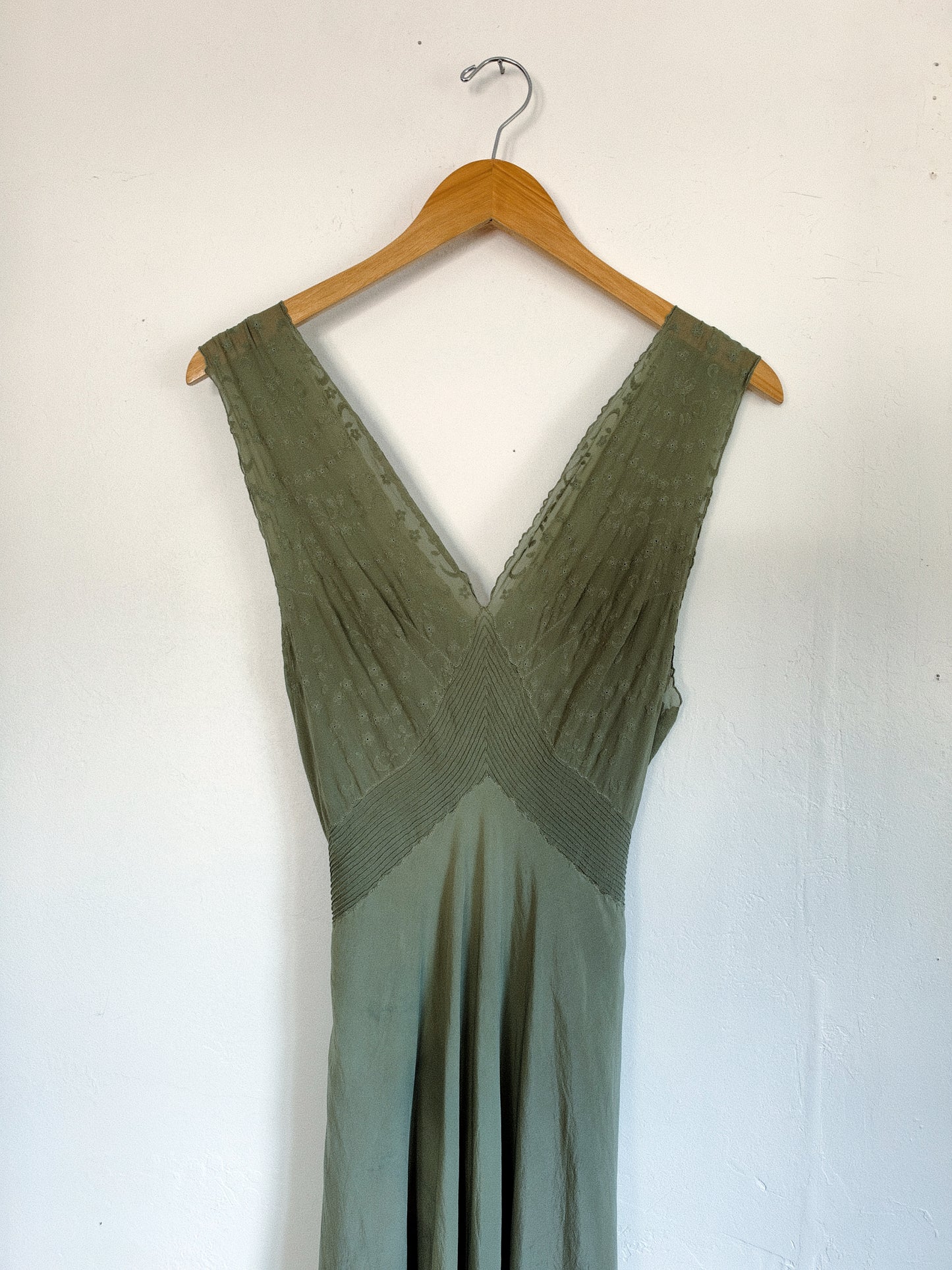 1930s/40s Moss Green Silk Chiffon Slip Dress w/ Embroidery + Pin Tucking- S/M-M