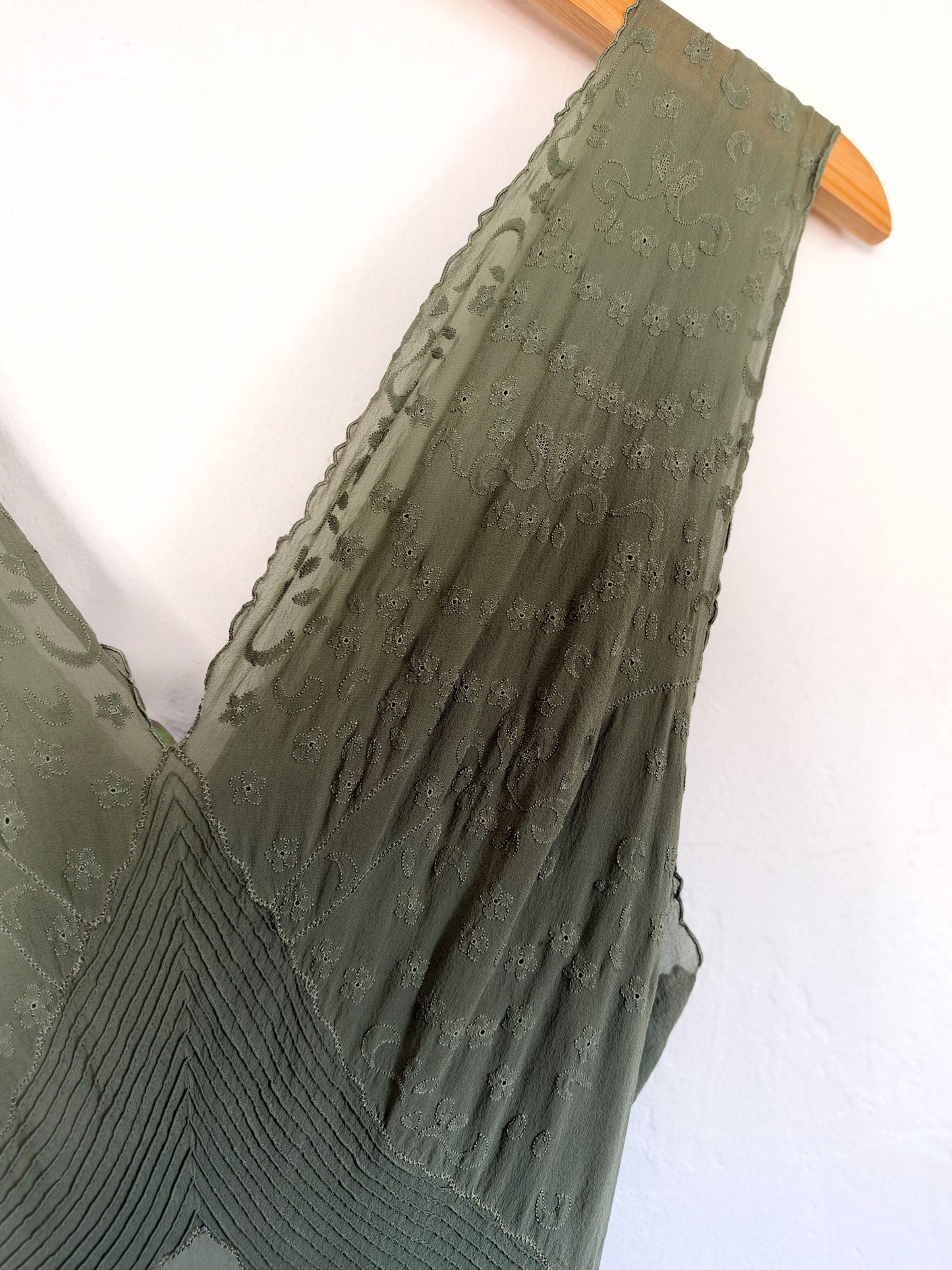 1930s/40s Moss Green Silk Chiffon Slip Dress w/ Embroidery + Pin Tucking- S/M-M