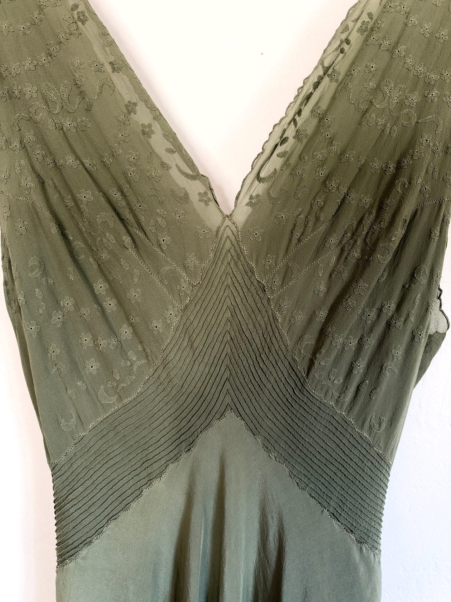 1930s/40s Moss Green Silk Chiffon Slip Dress w/ Embroidery + Pin Tucking- S/M-M