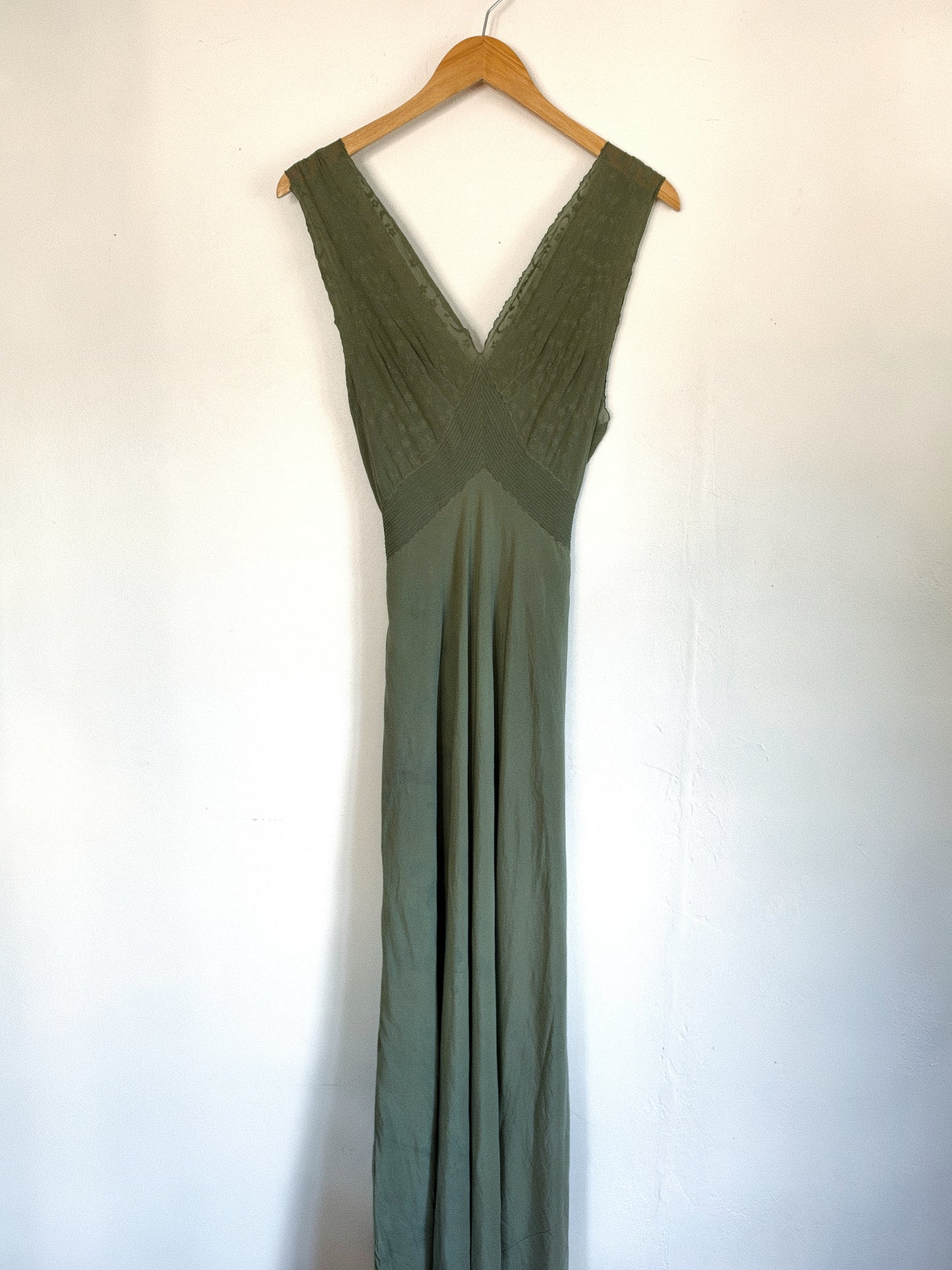 1930s/40s Moss Green Silk Chiffon Slip Dress w/ Embroidery + Pin Tucking- S/M-M