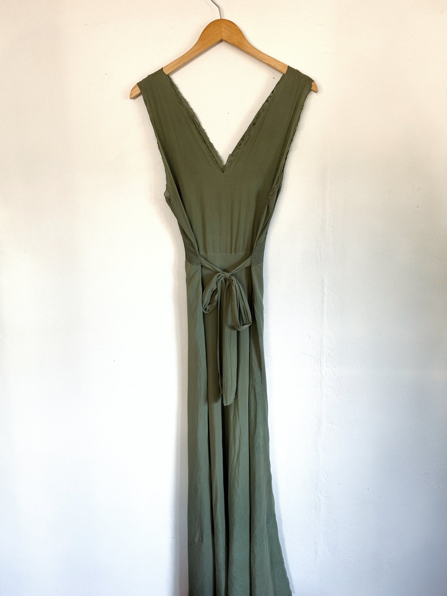 1930s/40s Moss Green Silk Chiffon Slip Dress w/ Embroidery + Pin Tucking- S/M-M