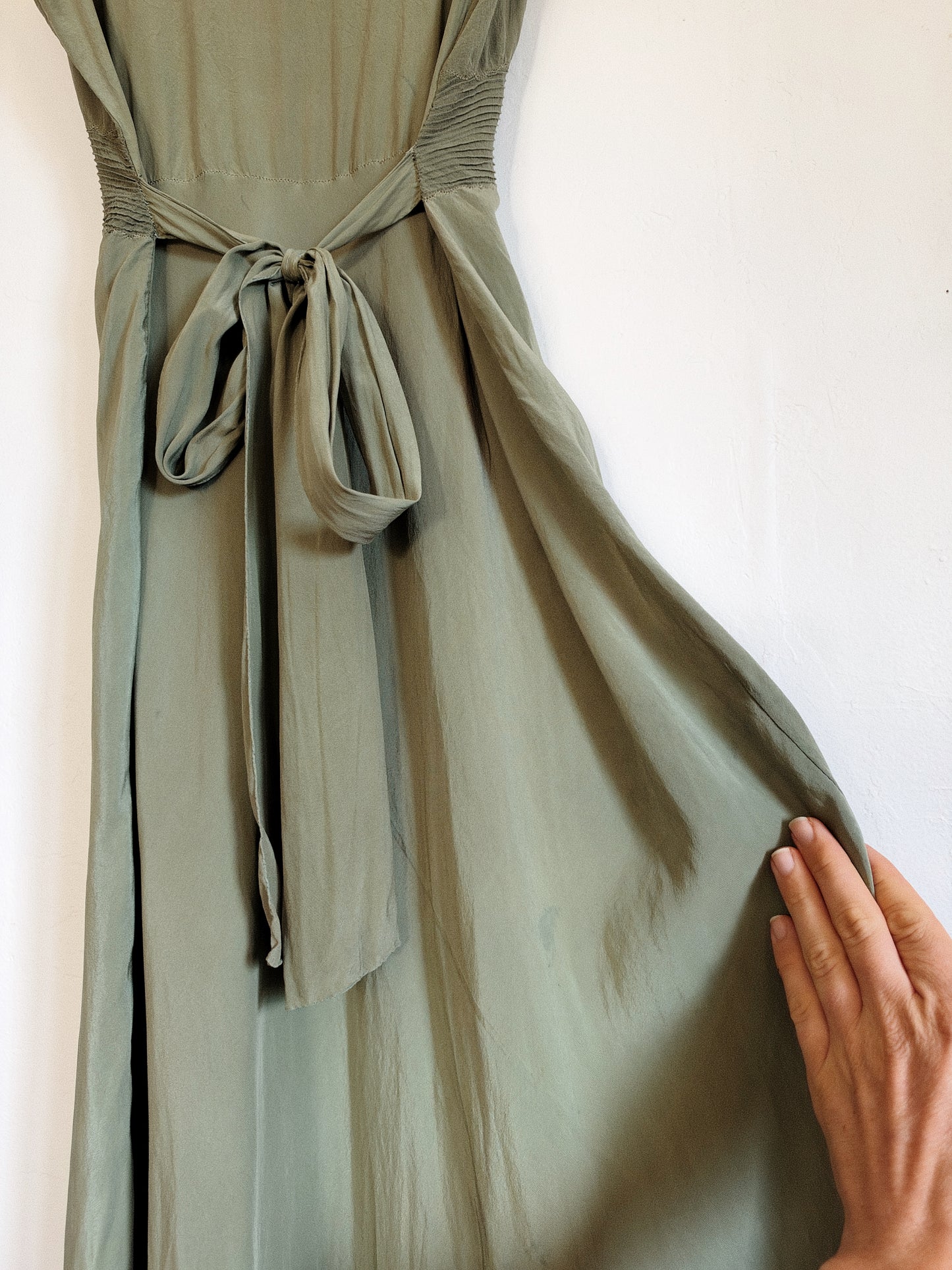 1930s/40s Moss Green Silk Chiffon Slip Dress w/ Embroidery + Pin Tucking- S/M-M