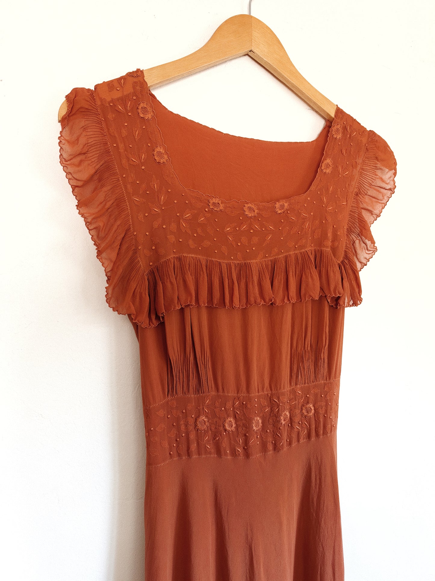 1930s/40s Fall Spiced Silk Chiffon Embroidered Babydoll Slip Dress- S/M-M