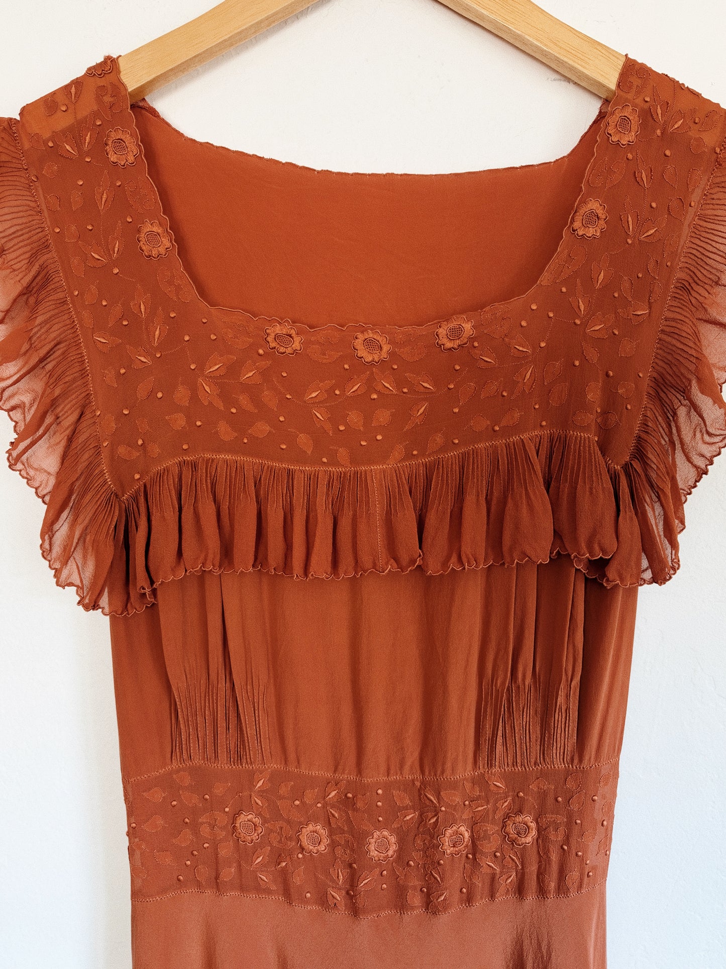 1930s/40s Fall Spiced Silk Chiffon Embroidered Babydoll Slip Dress- S/M-M
