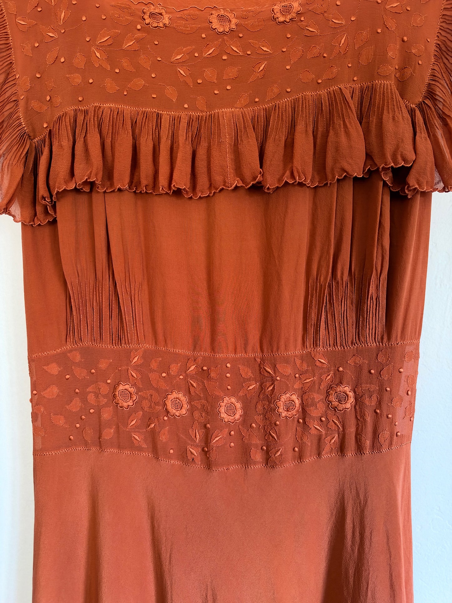 1930s/40s Fall Spiced Silk Chiffon Embroidered Babydoll Slip Dress- S/M-M