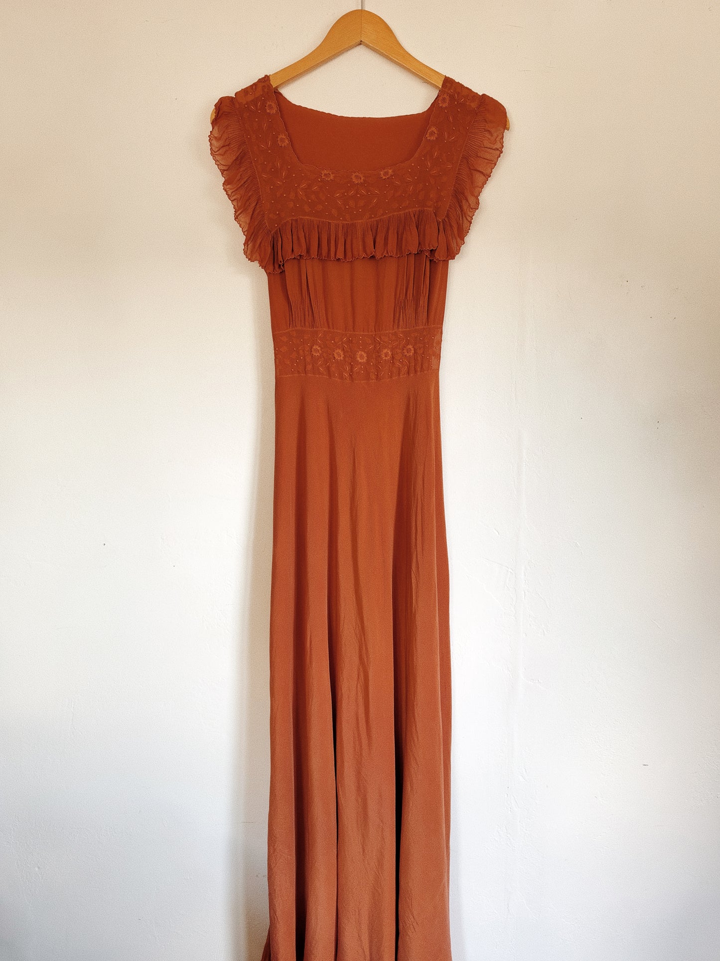 1930s/40s Fall Spiced Silk Chiffon Embroidered Babydoll Slip Dress- S/M-M