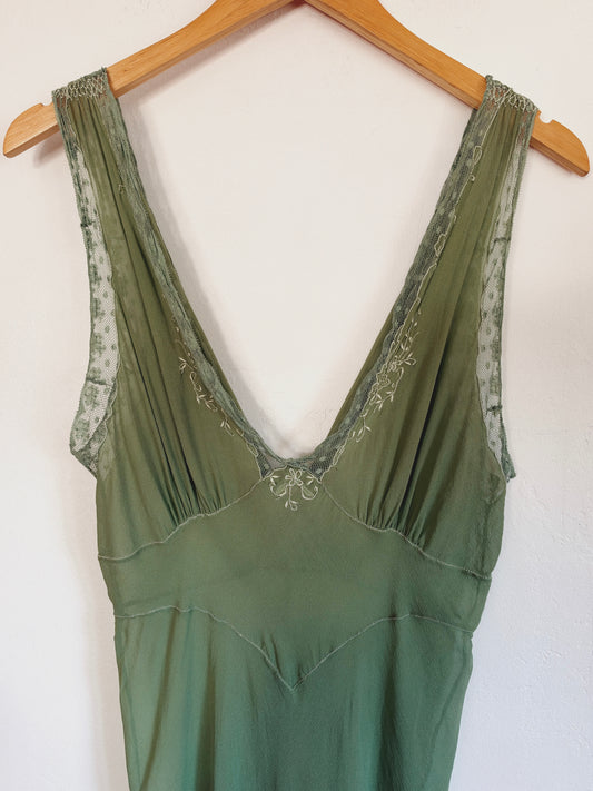 1930s Kelly Green Silk Chiffon Slip Dress w/ Smocked Shoulders- S/M-M
