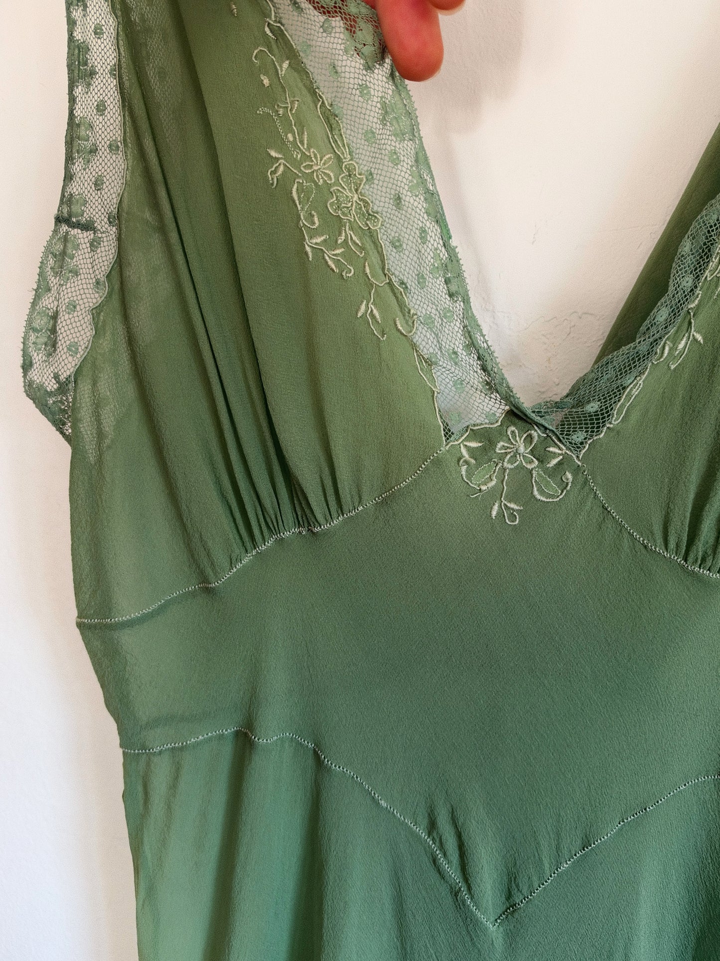 1930s Kelly Green Silk Chiffon Slip Dress w/ Smocked Shoulders- S/M-M