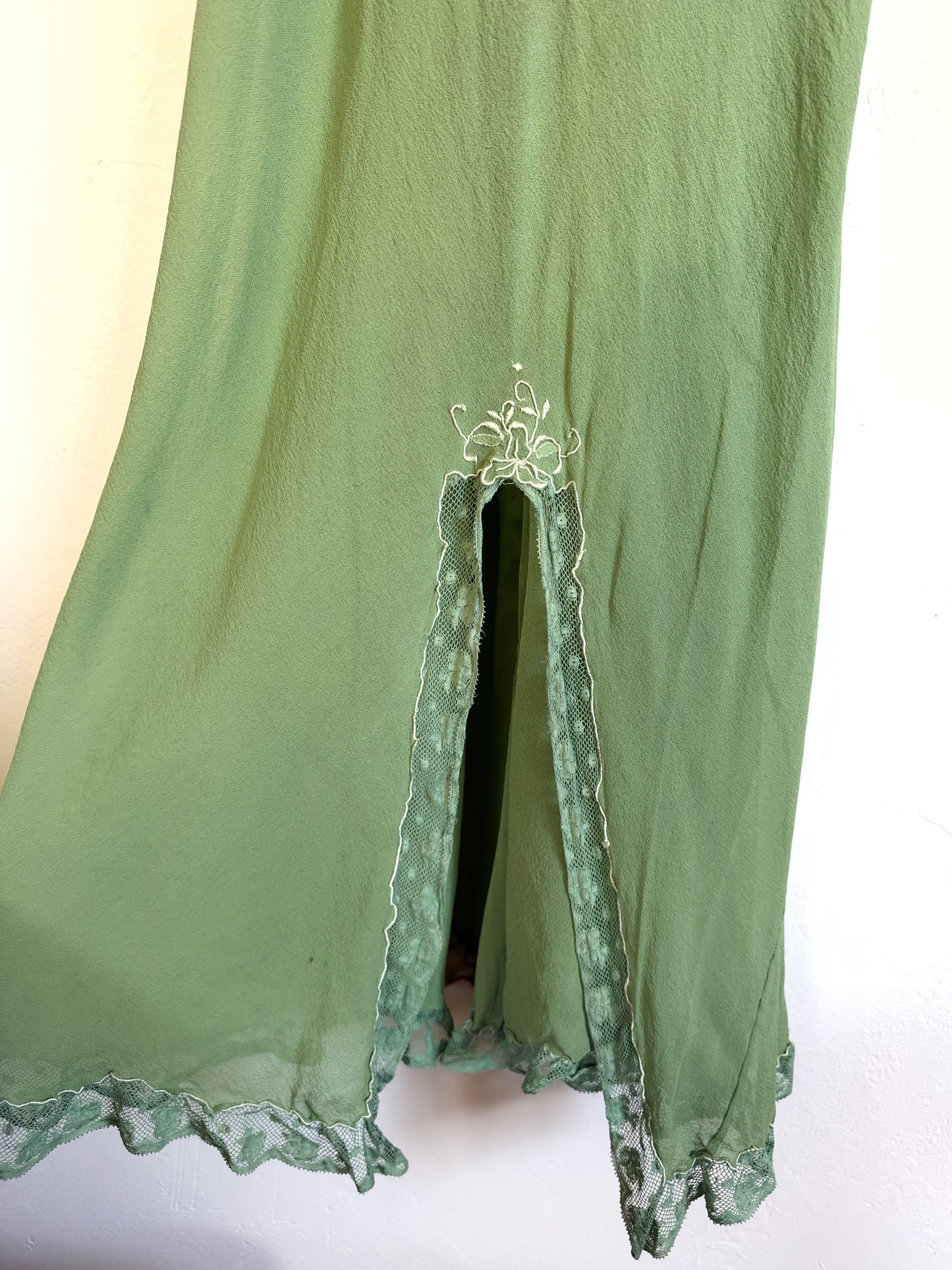 1930s Kelly Green Silk Chiffon Slip Dress w/ Smocked Shoulders- S/M-M
