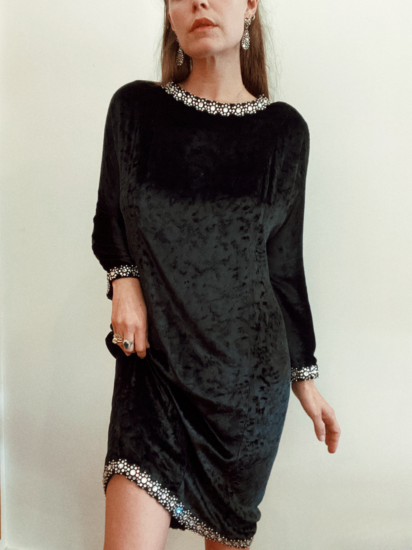 1970s Adolfo Velvet + Rhinestone Evening Sheath Dress- M/L