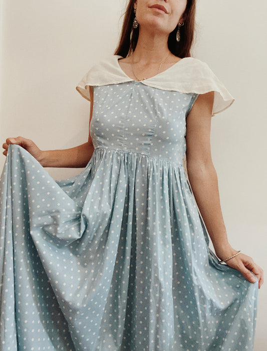 1940s Baby Blue Cotton Polka Dot Maxi Dress w/ Shawl Collar- M/L
