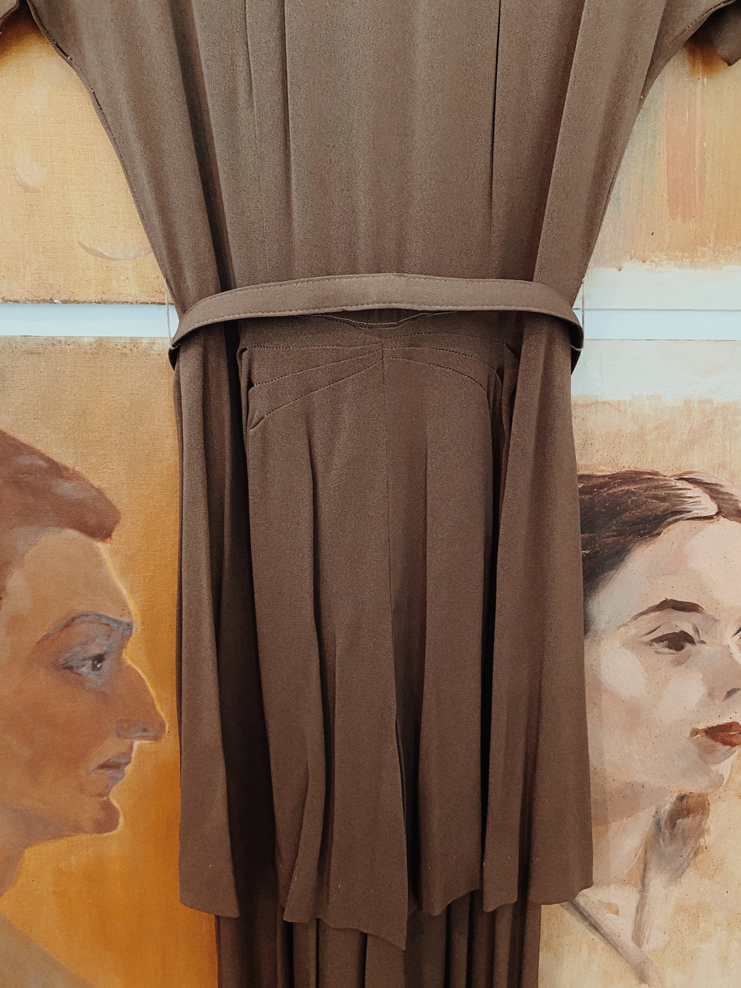 1940s Tiered Brown Rayon Dress w/ Belt- S/M
