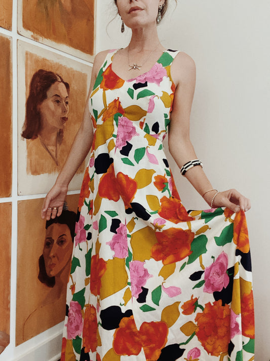 1950s/60s Julie Mills Bark Cloth Floral Maxi Dress- 8/10