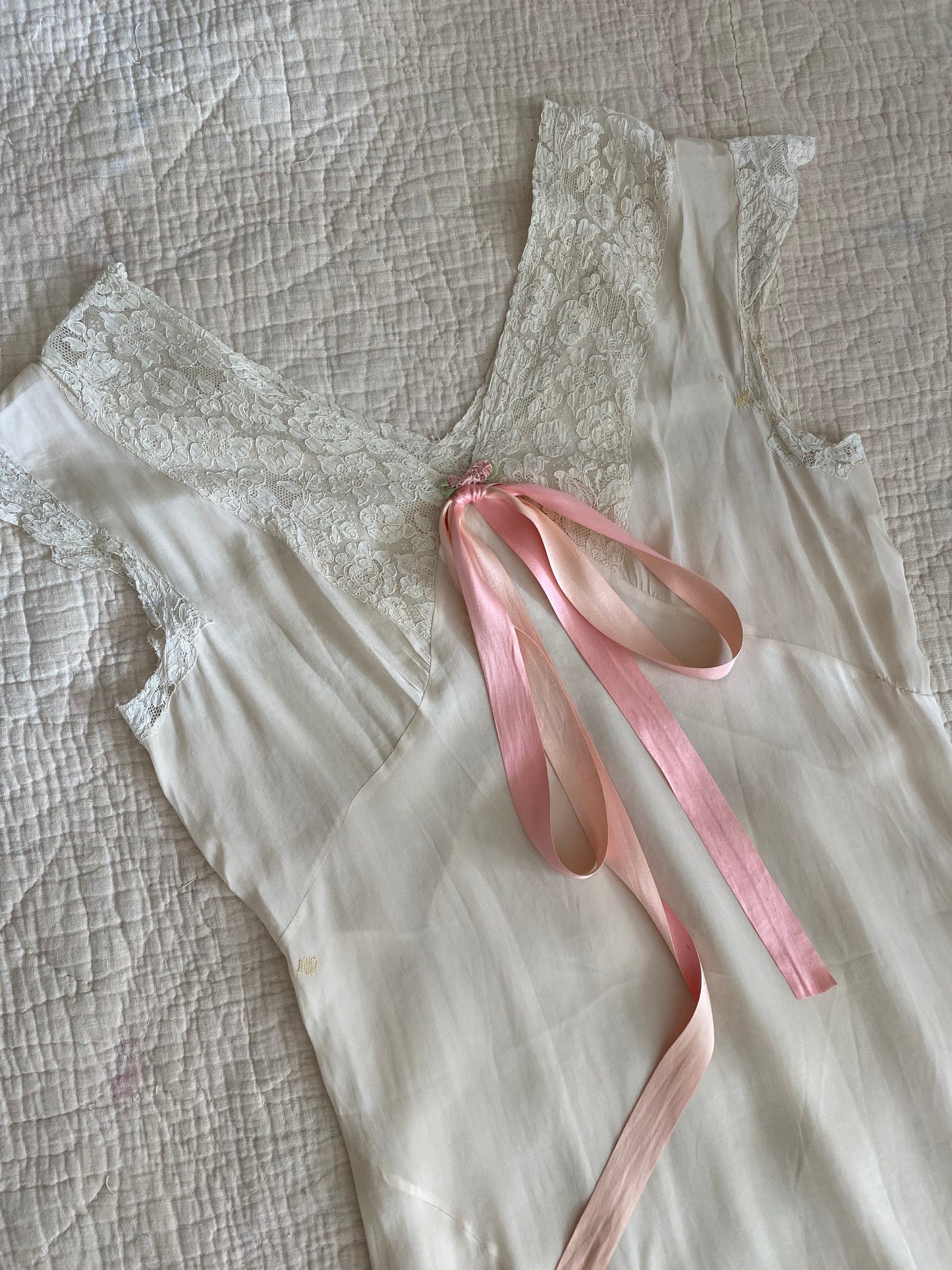 1930s Creme Silk + Lace Bias Cut Slip Dress w/ Rosettes- L
