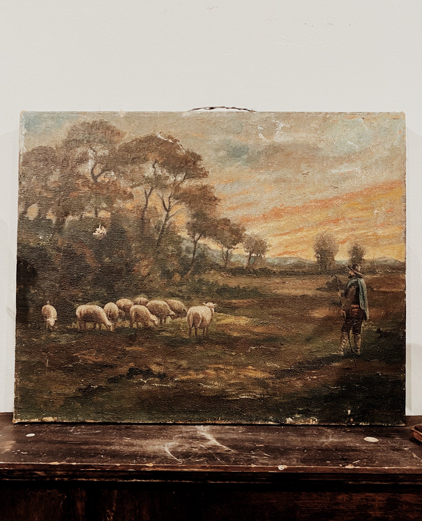 Antique Pastoral Sunset Scene Oil on Canvas- 16.5x20”