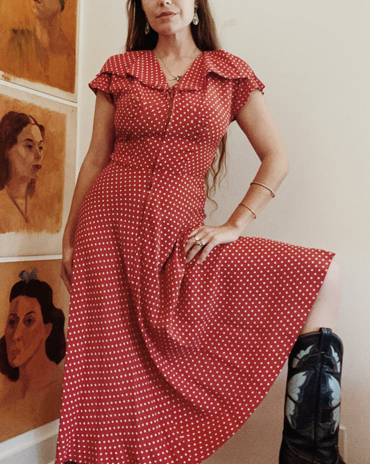 1940s Polka Dot Rayon Zipper Front Day Dress- S/M