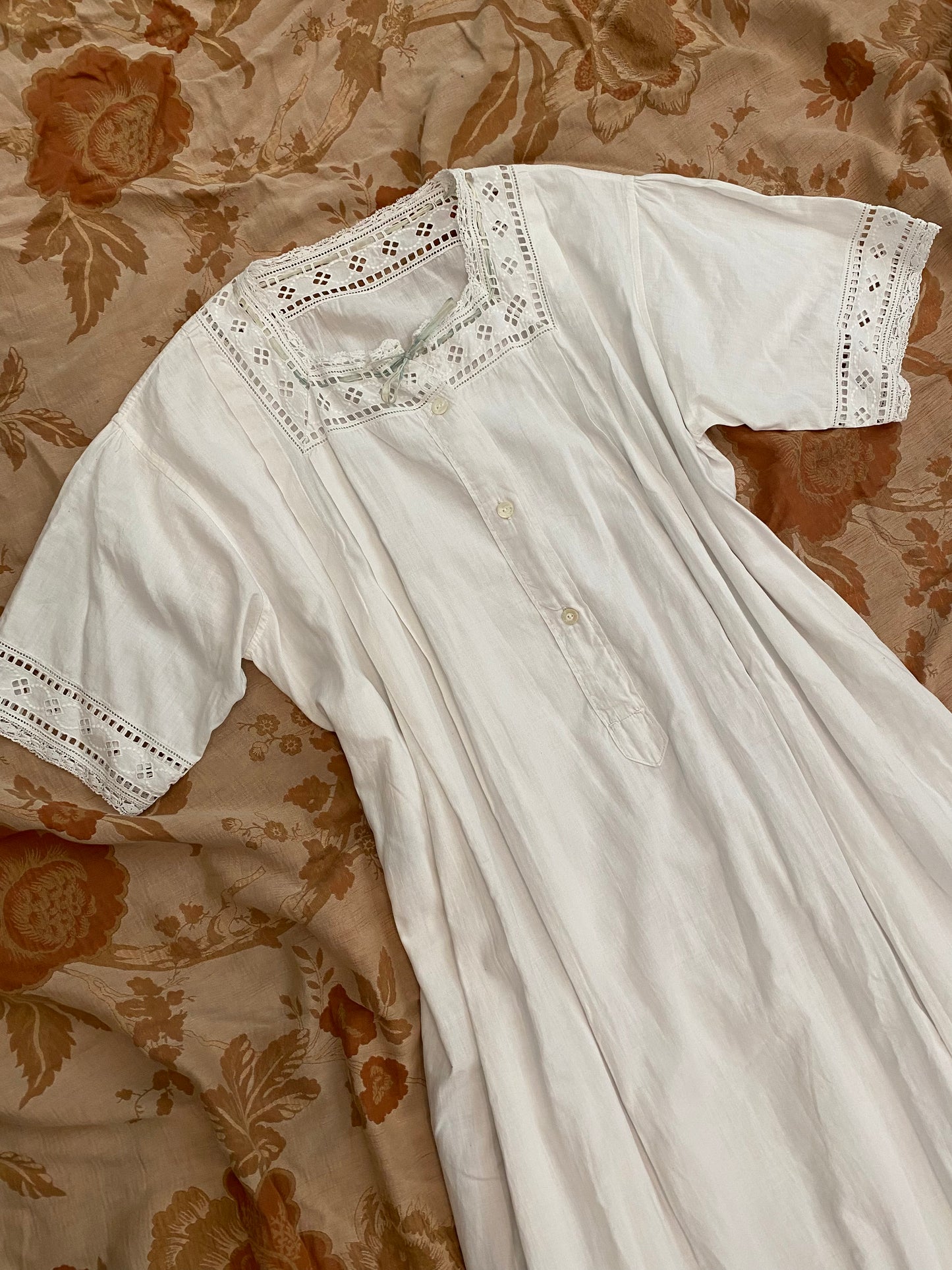 Antique French Eyelet Nightgown w/ Sage Ribbon- S