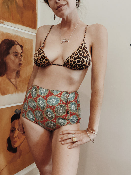 1940s Paisley Cotton Side Zip Bikini Bottoms- S