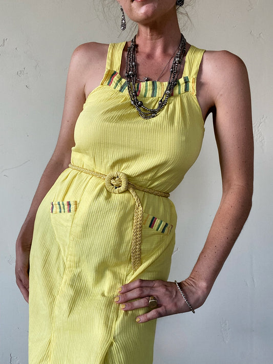 1930s Yellow Ribbed Sportswear Dress w/ Deco Pockets- S/M