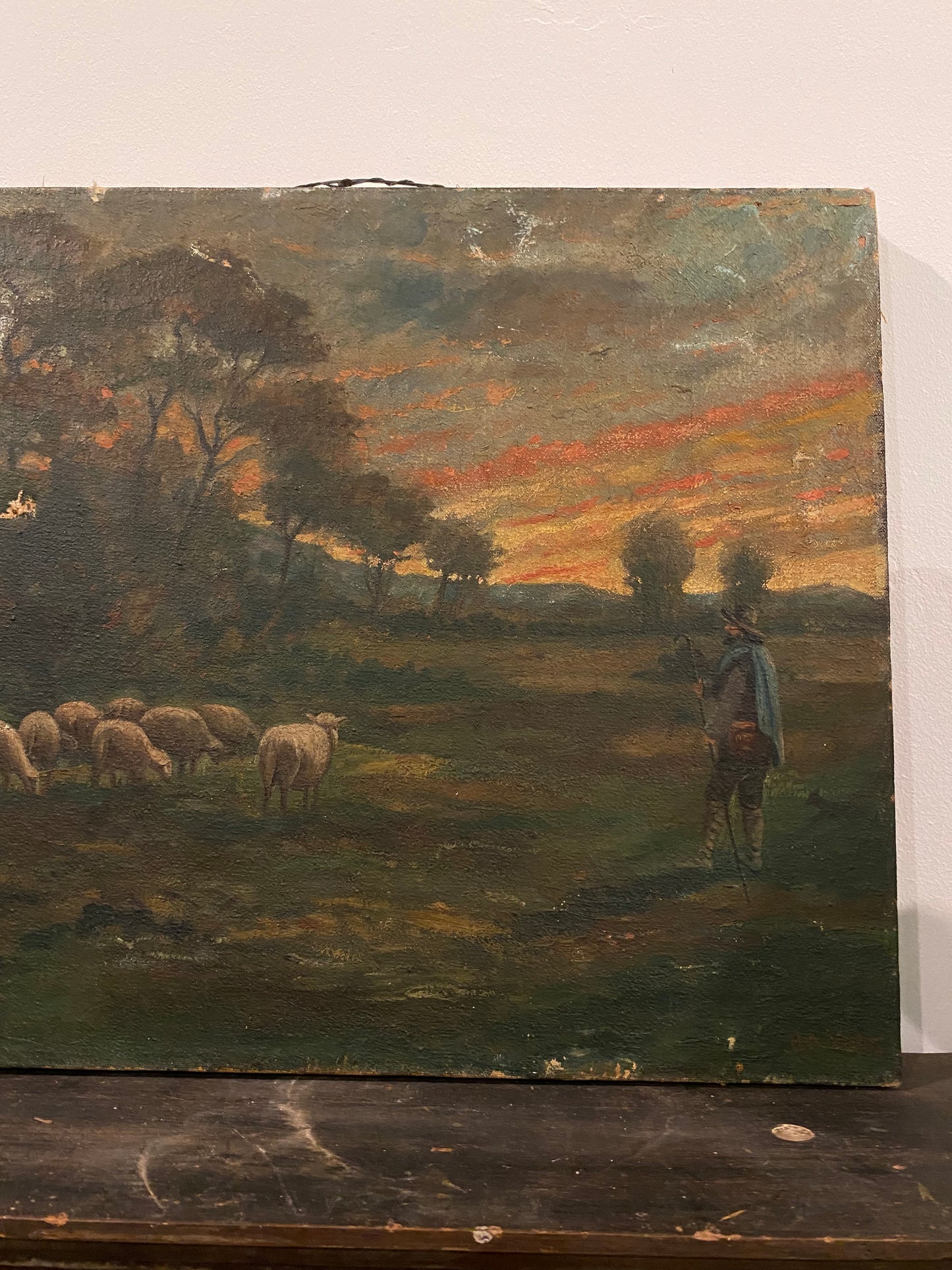 Antique Pastoral Sunset Scene Oil on Canvas- 16.5x20”