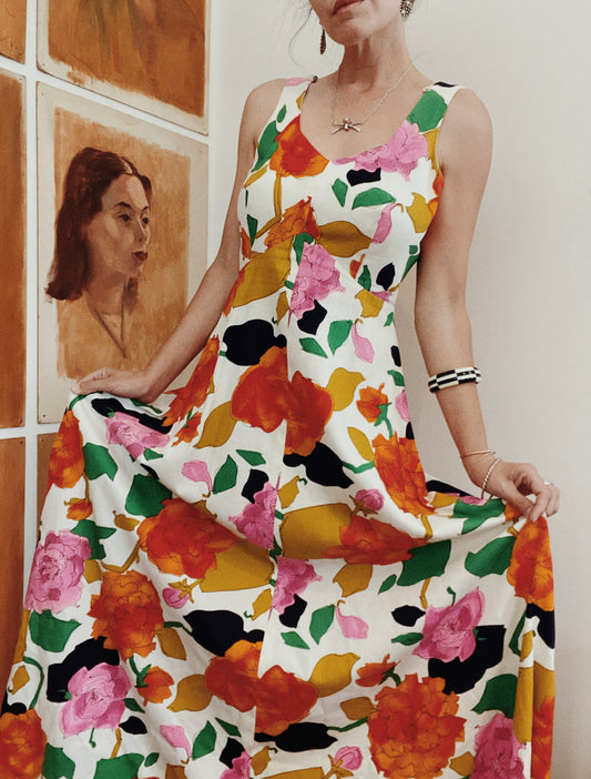 1950s/60s Julie Mills Bark Cloth Floral Maxi Dress- 8/10