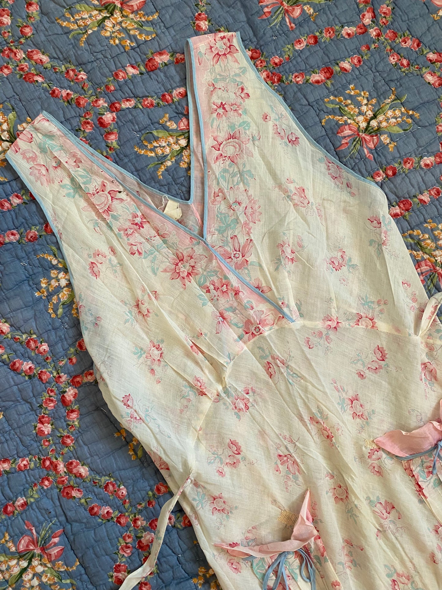 1930s Floral Cotton Gauze Bias Cut Maxi Dress- M/L