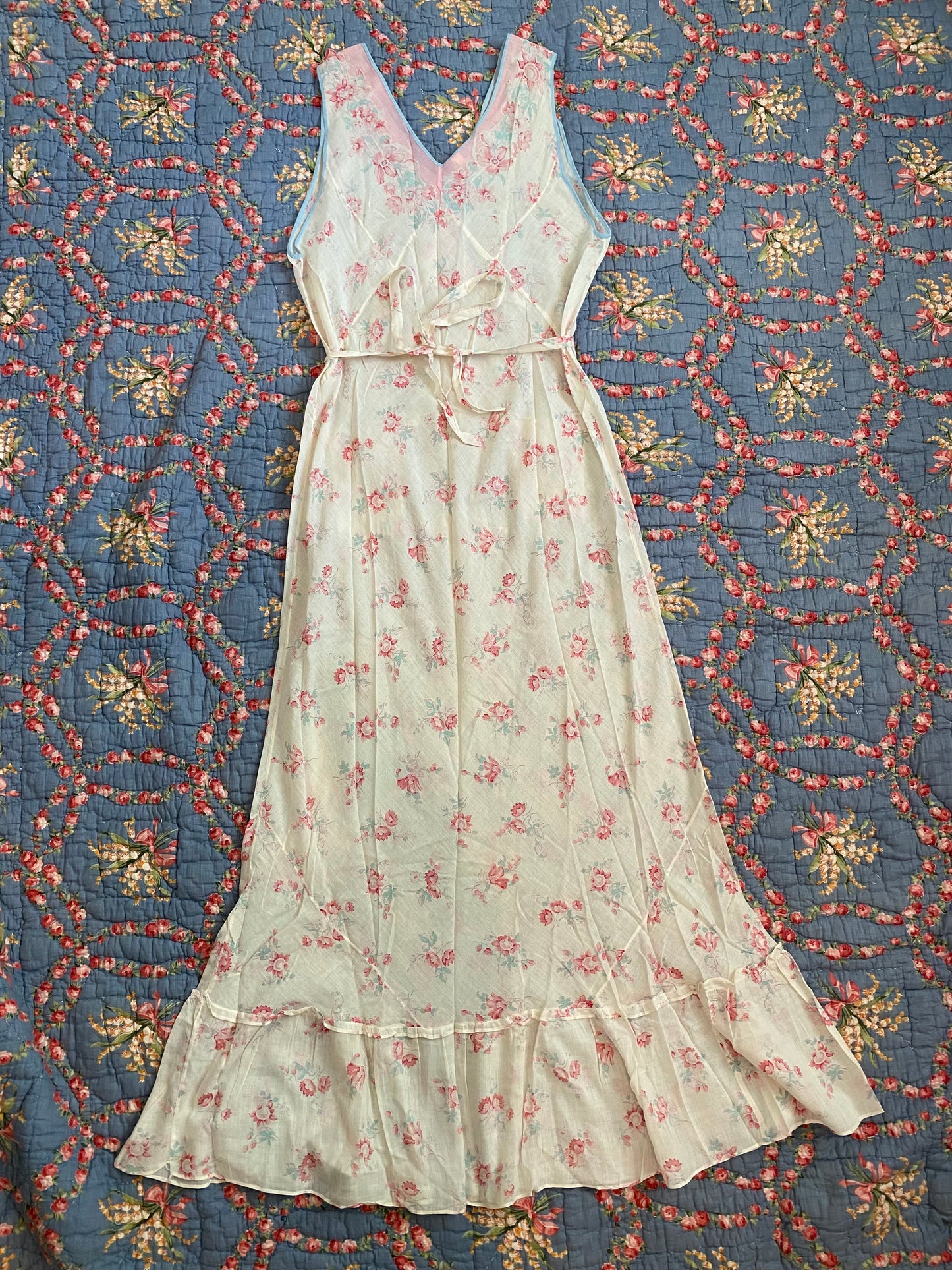 1930s Floral Cotton Gauze Bias Cut Maxi Dress- M/L