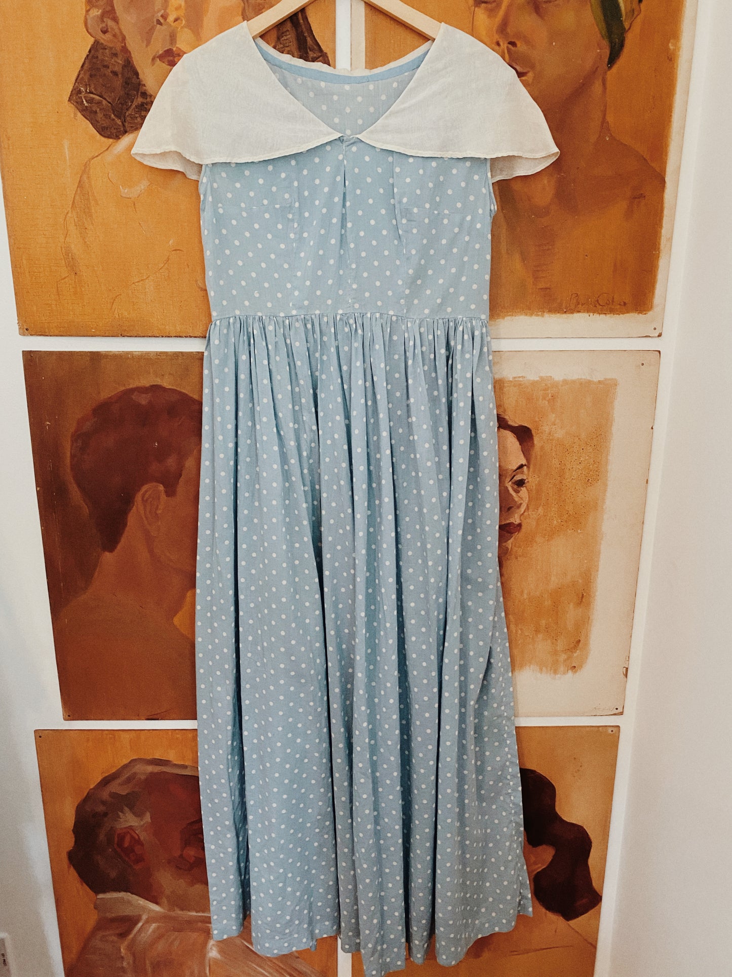 1940s Baby Blue Cotton Polka Dot Maxi Dress w/ Shawl Collar- L