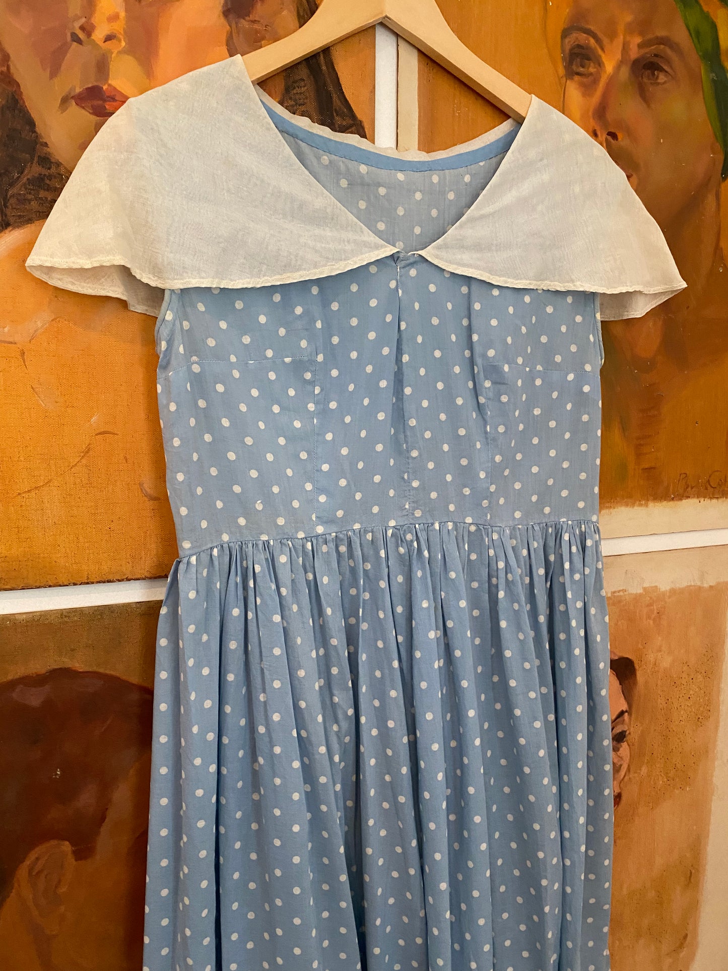 1940s Baby Blue Cotton Polka Dot Maxi Dress w/ Shawl Collar- L