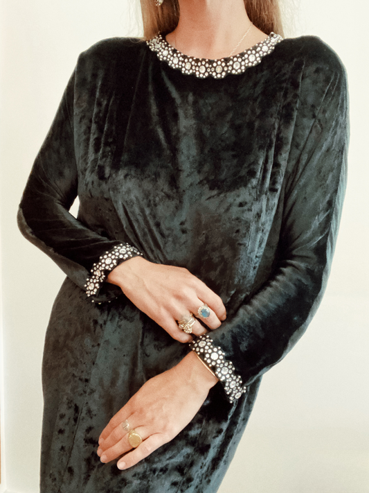 1970s Adolfo Velvet + Rhinestone Evening Sheath Dress- M/L